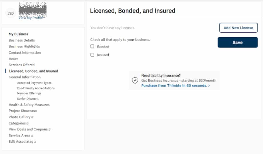 Screenshot of Add Licensed Bonded and Insured to Angi Profile