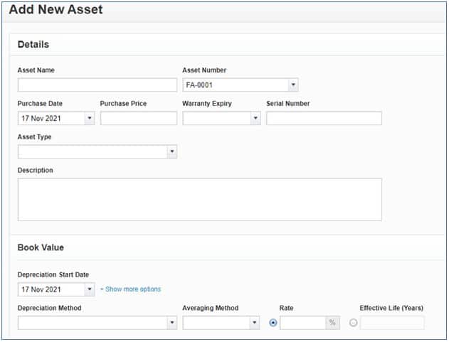 Asset Form in Zero, with several fields like Asset Name, Asset Number, Warranty Expiry, Serial Number, and Asset Type.