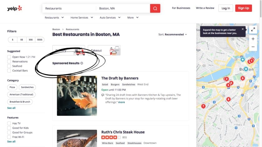 Sponsored search results for restaurants in Boston MA.