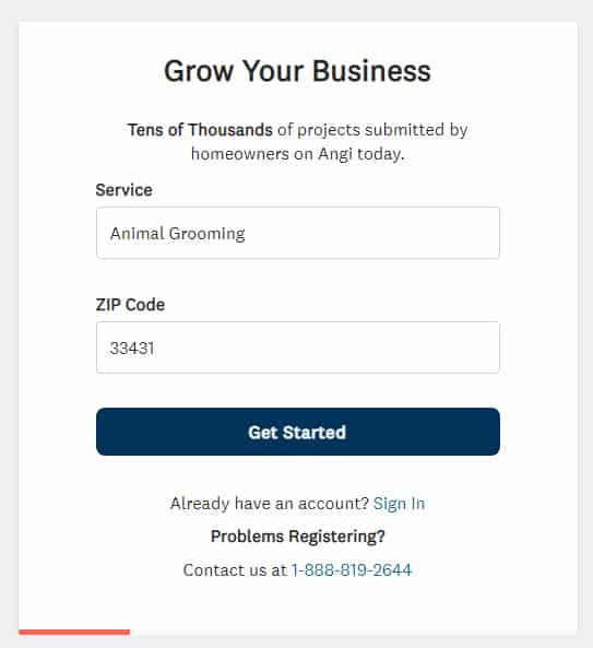 Screenshot of Angi Get Started Page