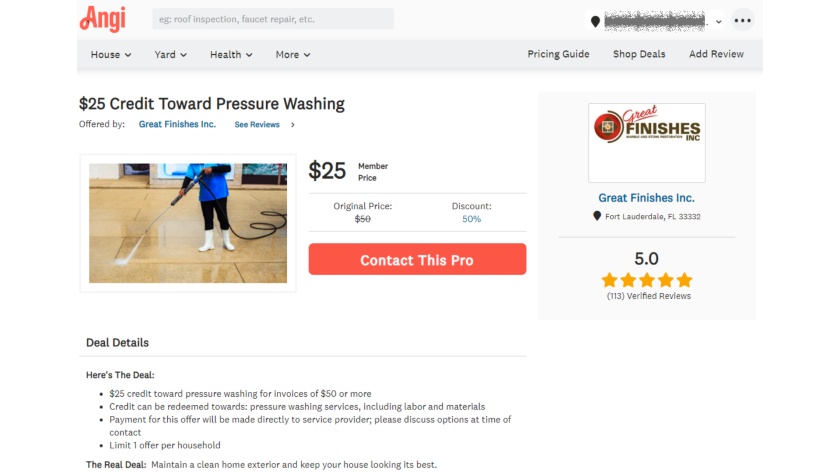 Angi's Product Page Featuring "$25 Credit Toward Pressure Washing"