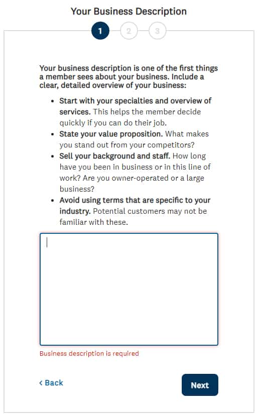 Screenshot of Angi Write Business Description