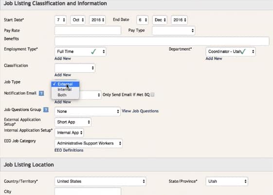 Enter specific data for your listing when adding job listings in ApplicantPro.