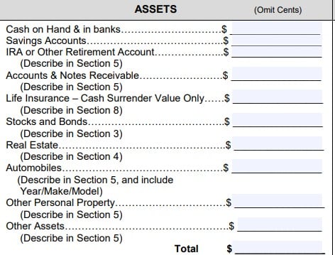 A part of the form that you need to summarize your assets.