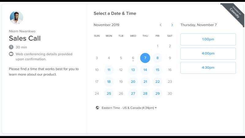 An image of Calendly schedule meeting page with calendar for schedule meeting time.