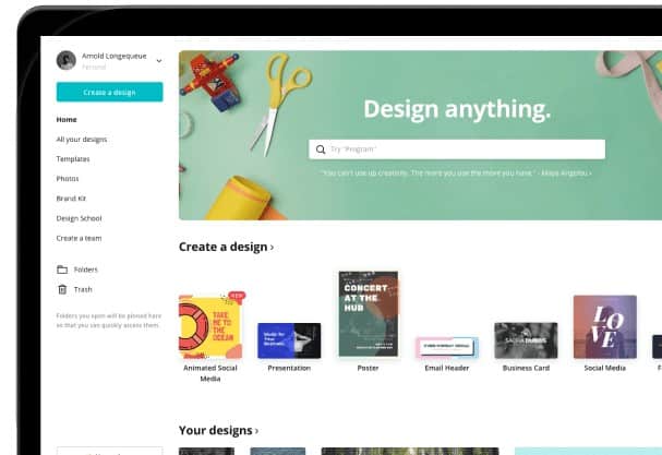Canva design page wherein yiu can design anything.