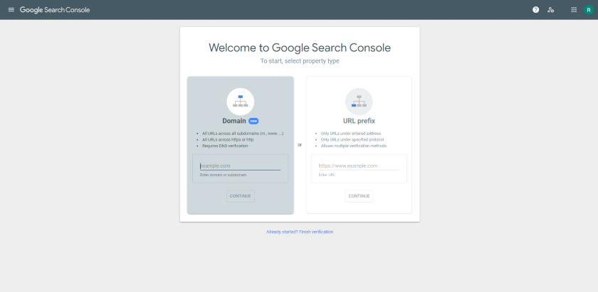 Welcome page of Google Search Console.