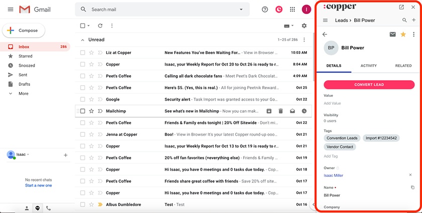 Gmail account with a Copper that manages leads.