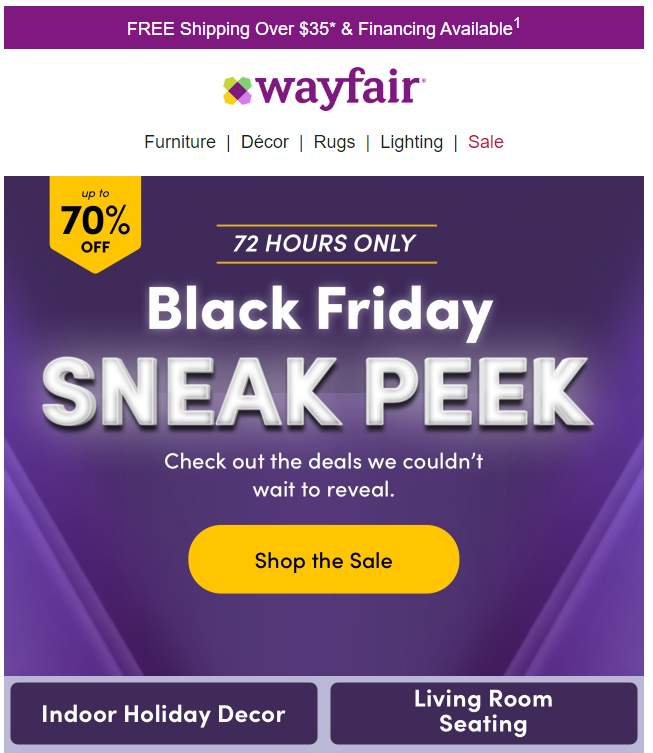 Wayfair Black Friday Sneak Peek email blast with CTA (“Shop the Sale”).