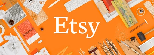 Etsy home page with furniture, apparel, craft supplies, and art in background