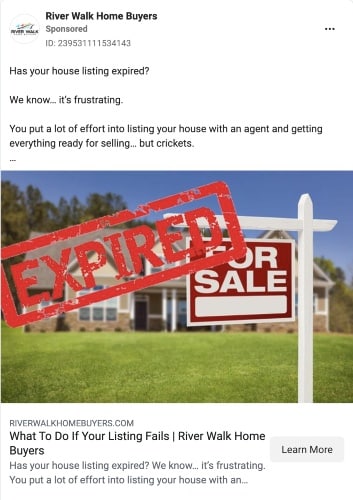 Facebook ad example for expired listings from River Walk Home Buyer 