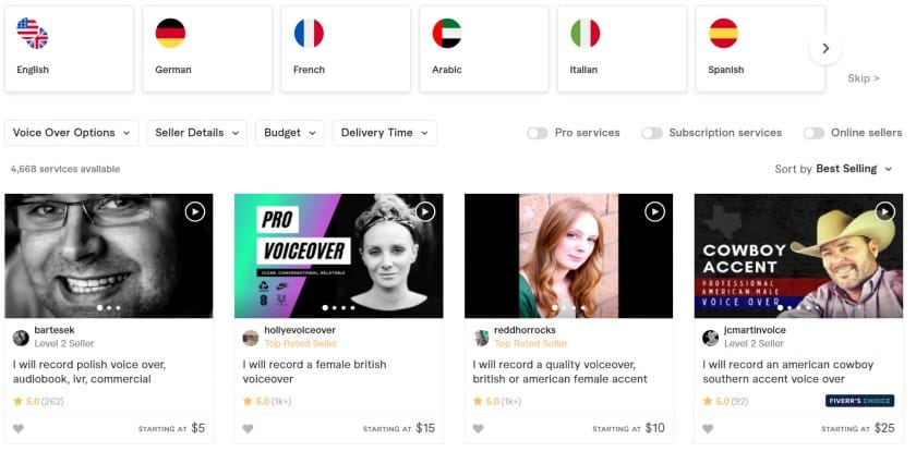 Fiverr language and regional dialect options