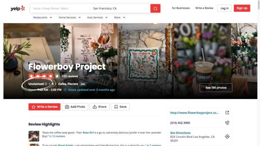 Flowerboy Project Yelp page as an example of unclaimed Yelp Business profile.