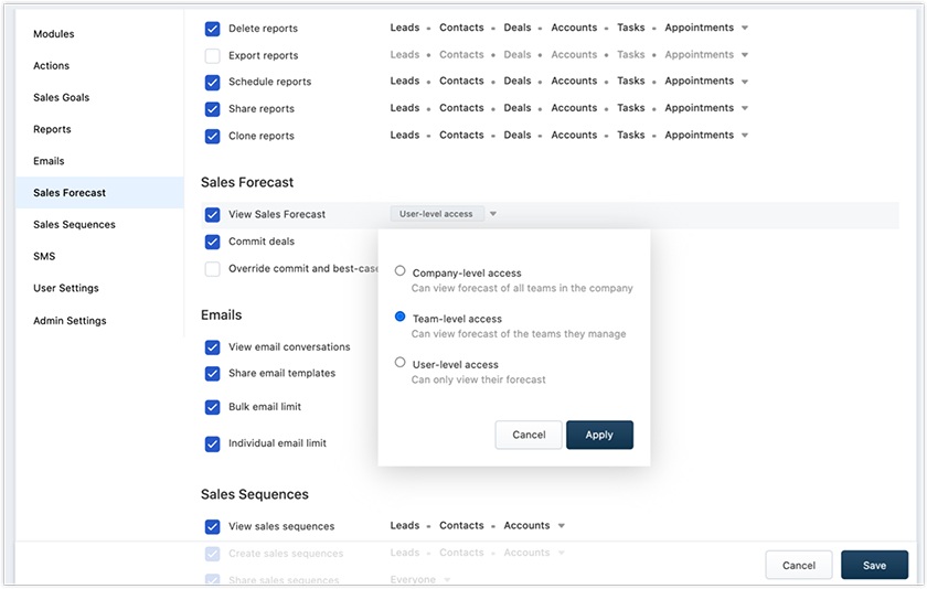 Freshsales custom revenue reports view format options.