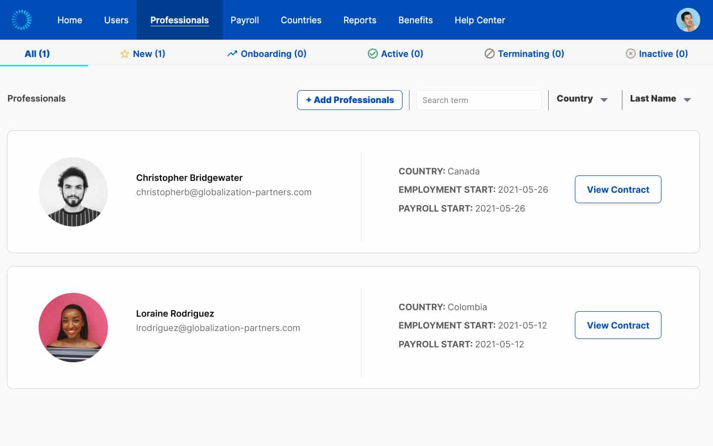Screenshot of Globalization Partners PEO software