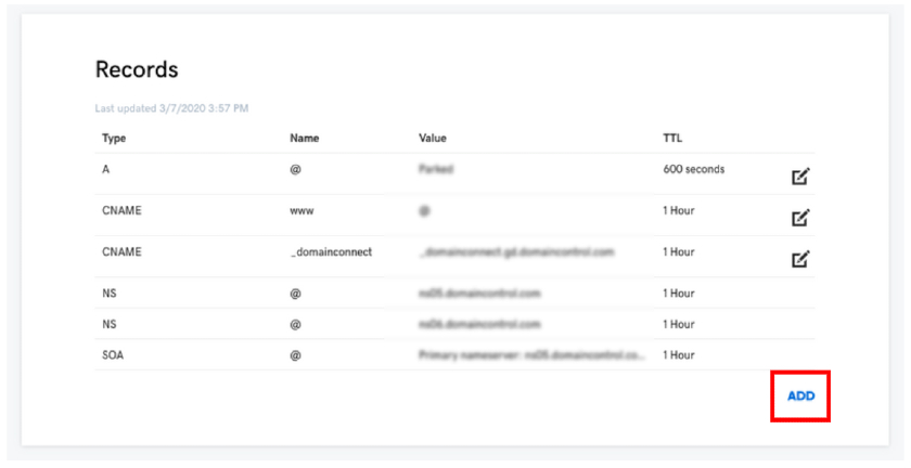 The Records tab is where you'll enter information about your subdomain.