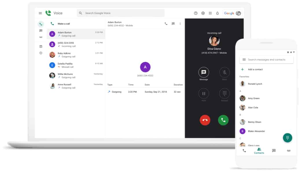Google Voice desktop and phone call register and contacts.