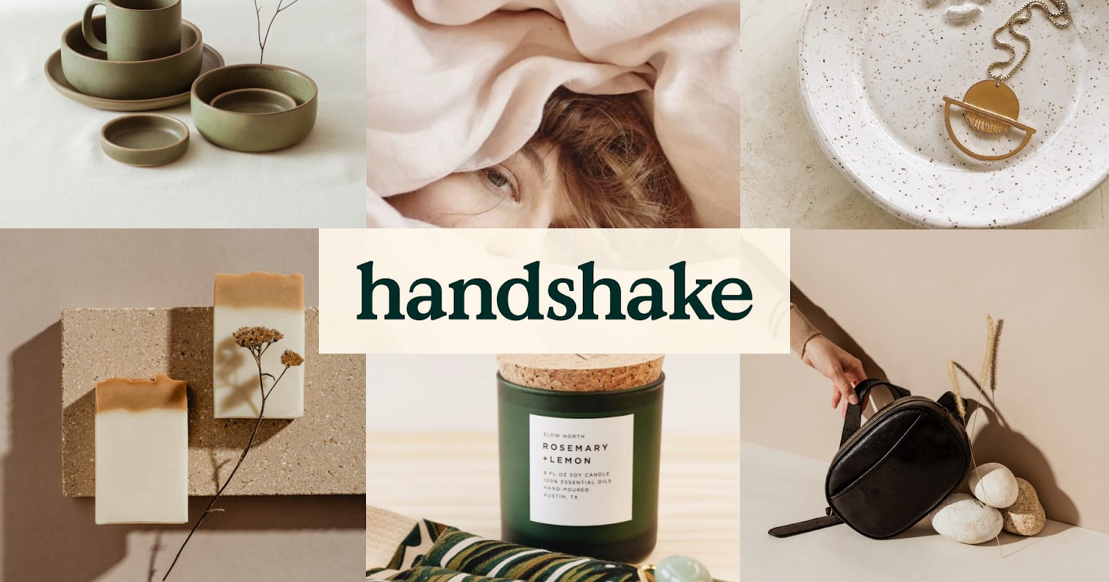 Handshake homepage with fashion accessories and apparel, homewares, stationery in background.
