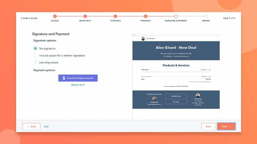 HubSpot Signature and Stripe Payments.