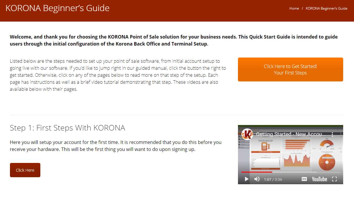 Screenshot of KORONA POS beginners guide page