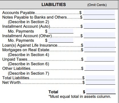 A part of the form that you need to summarize your liabilities and accounts payable.