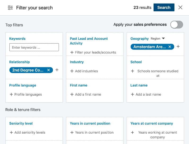 LinkedIn Sales Navigator Search showing twenty three results.
