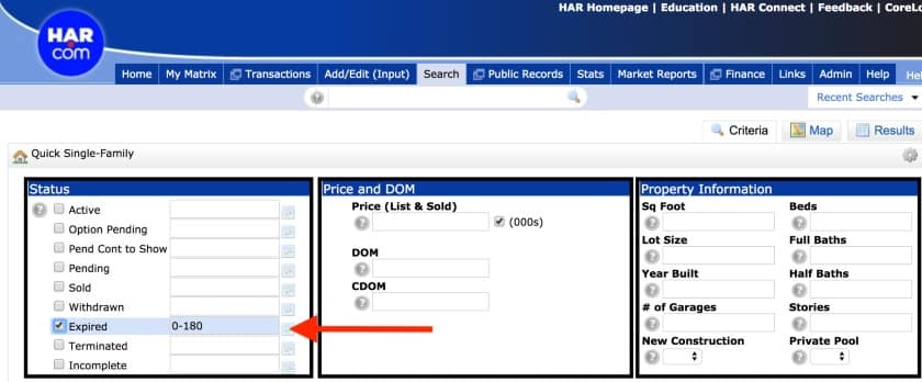 Har.com MLS service search option for expired listing.