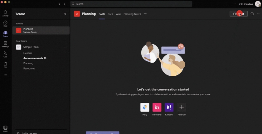 Microsoft Teams Host meetings channel window