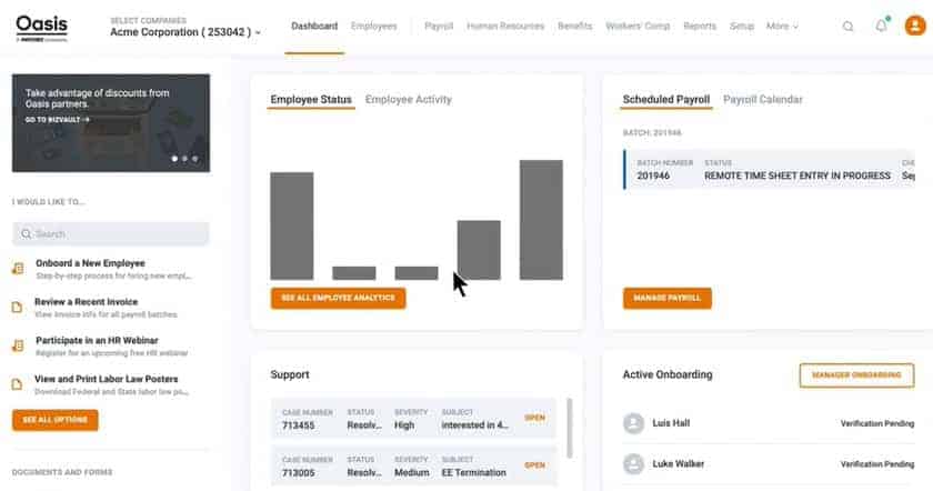 Oasis dashboard page shows employee status and schedule payroll.