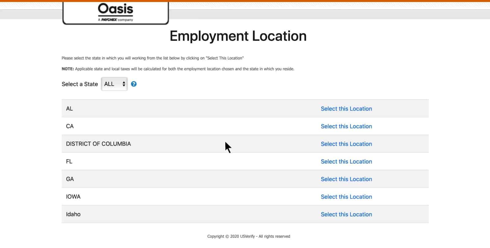 Oasis’s Employment Location page that new hires can select their location by choosing state and click 'Select this Location' button.