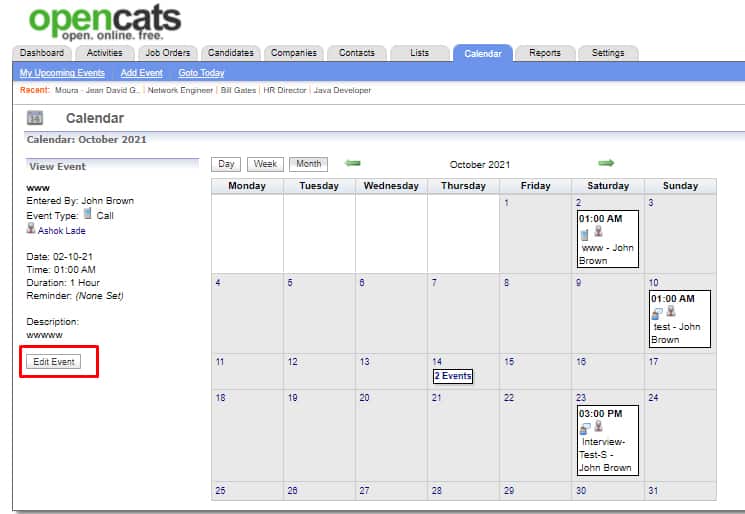 Screenshot of OpenCATS calendar tool
