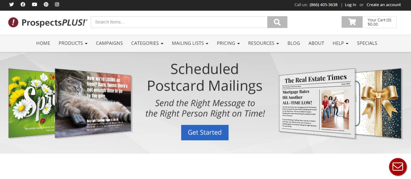 ProspectsPLUS homepage with postcard sample on it.