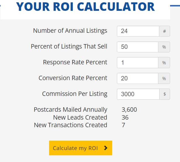 Screenshot of Return On Investment calculator for evaluates the cost of producing the direct mail and the results an agent.