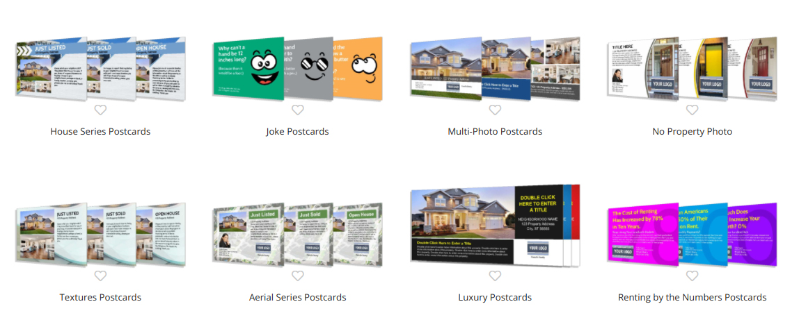 ProspectsPLUS postcards template examples with themes varying from holidays to recruiting to listings.