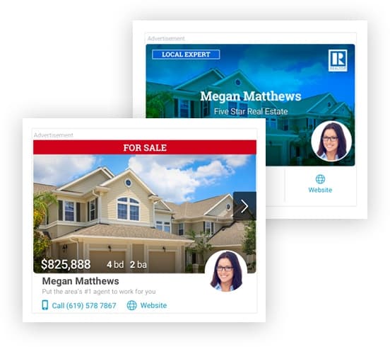 Real estate ad with headshot and click-to-call contact information