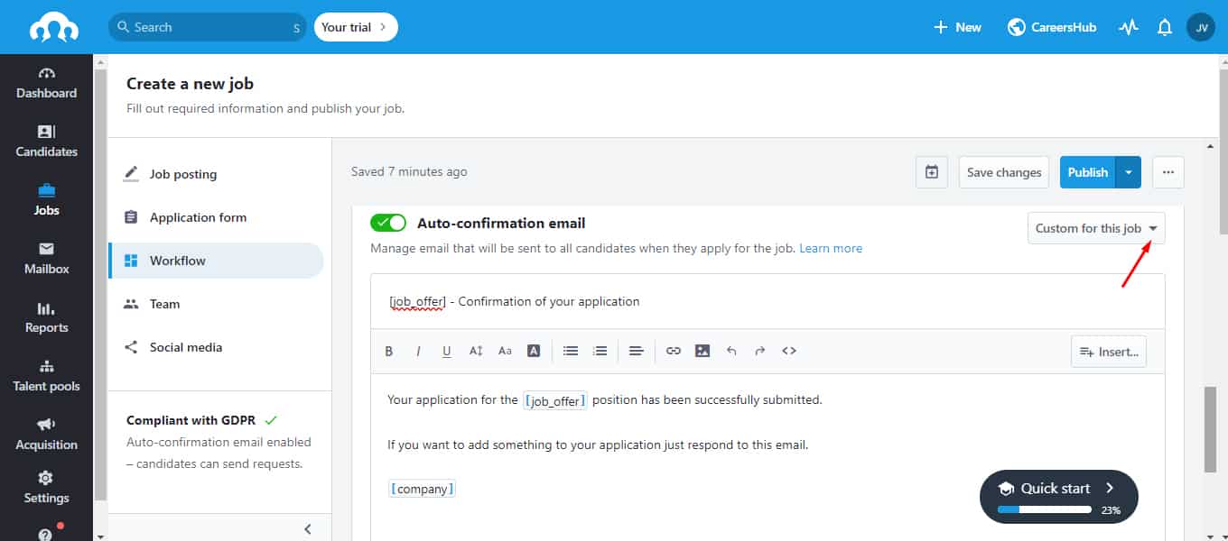 Screenshot of Recruitee manage saved templates
