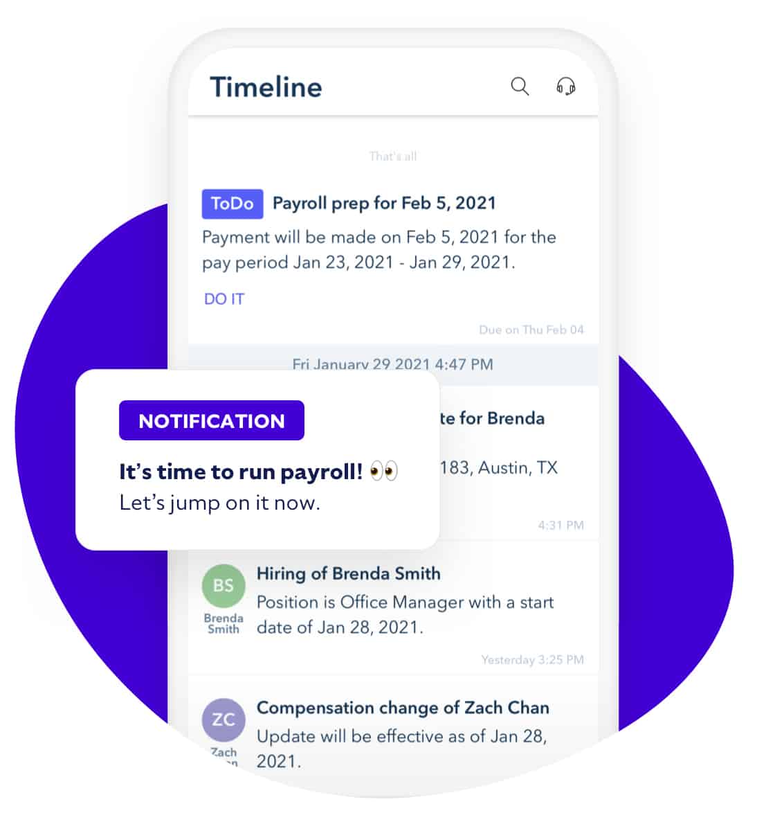 Example Timeline smart alerts and notification from Roll by ADP AI tools.
