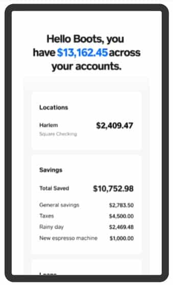 Square checking account showing $13,162.45 across accounts.