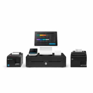 A complete POS station with integrated payments that includes a Square Terminal unit for tableside payment acceptance.