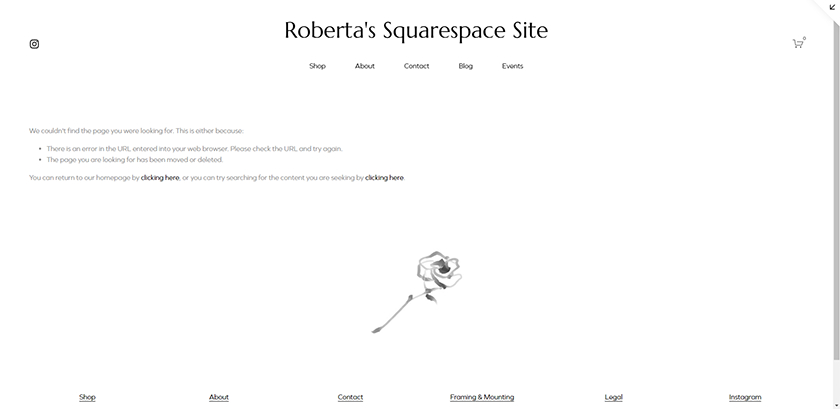 Roberta's Squarespace site displays a custom 404 error page.