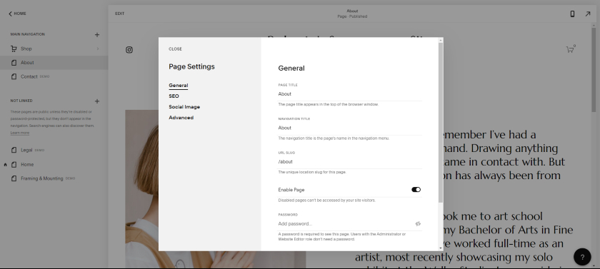 General page settings of a Squarespace website.