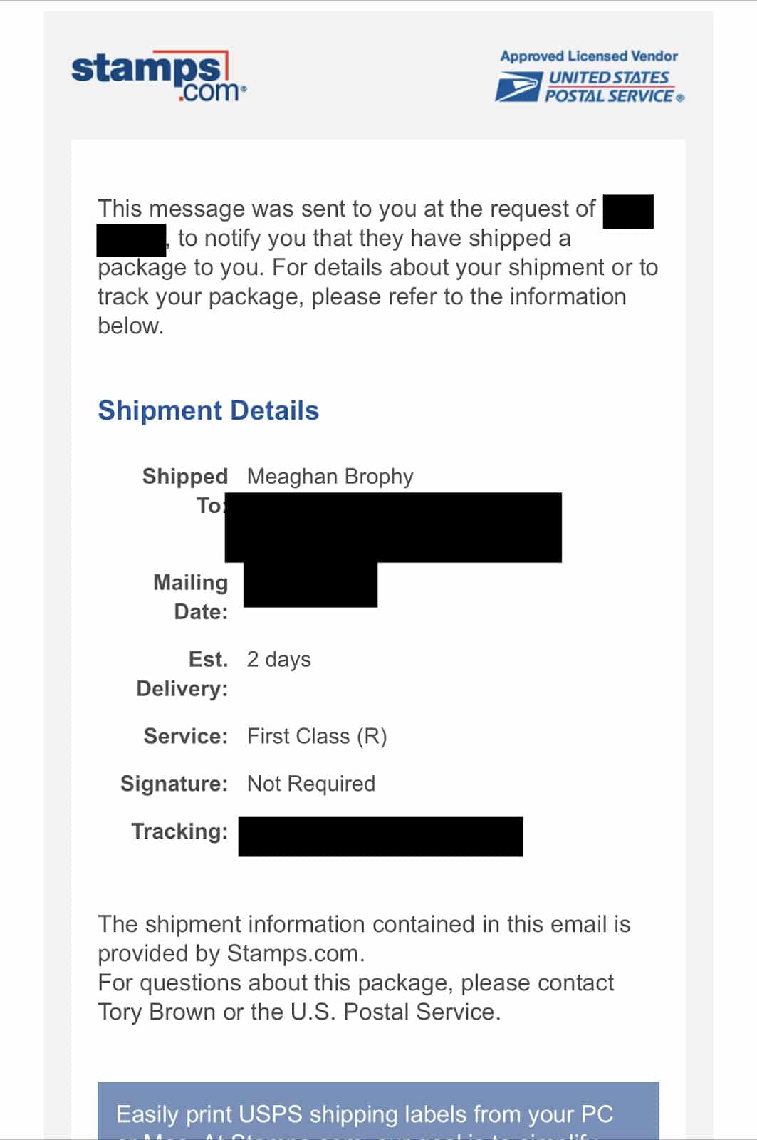 Screenshot of Stamps.com Customers Tracking Orders