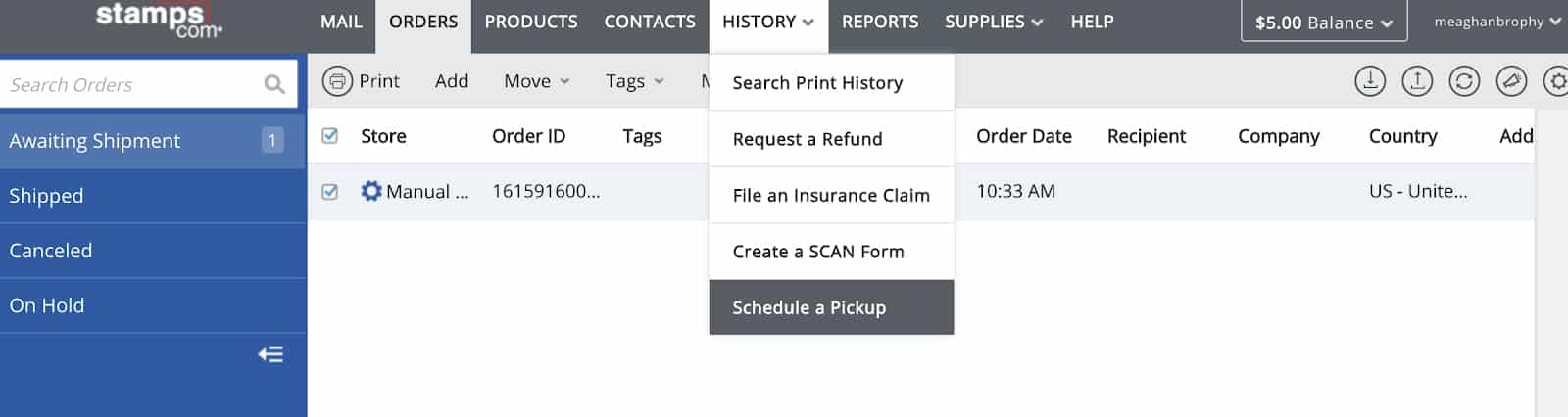 Screenshot of Stamps.com Schedule Free Package Pickup