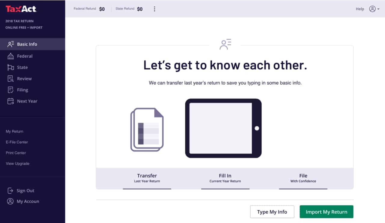 The import option is displayed in TaxAct immediately upon sign-in.