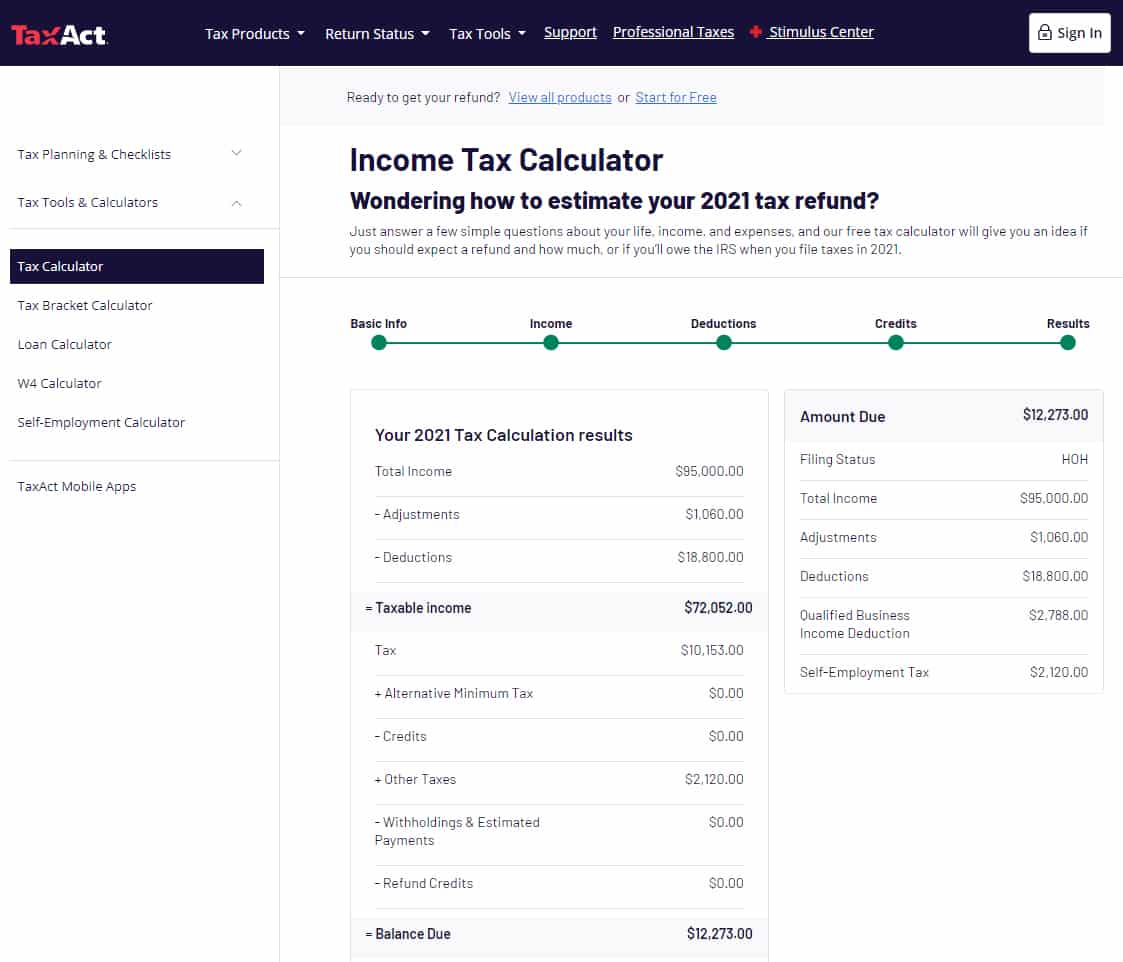 TaxAct Income Tax Calculator page where you create what-if scenarios for future years in your current return.
