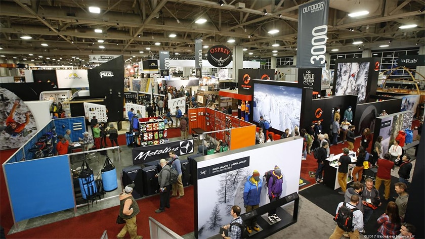 Panoramic view of people visiting the home and furniture trade at The Outdoor Retailer Show.