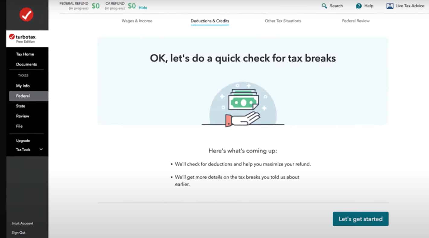 Turbotax dashboard for deduction and credits page.