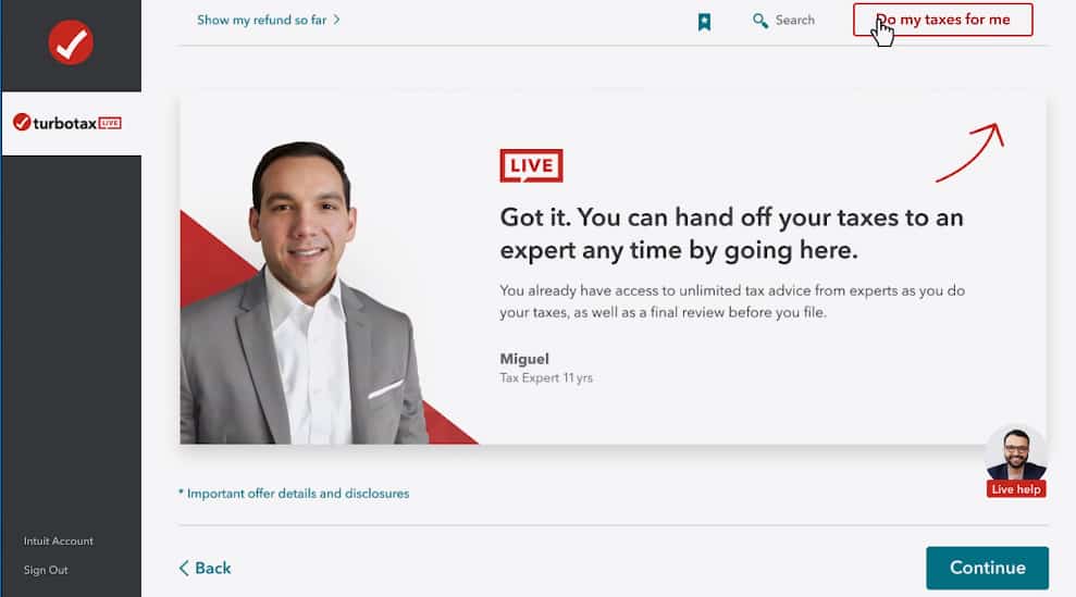 Turbotax live sample of Miguel tax expert.