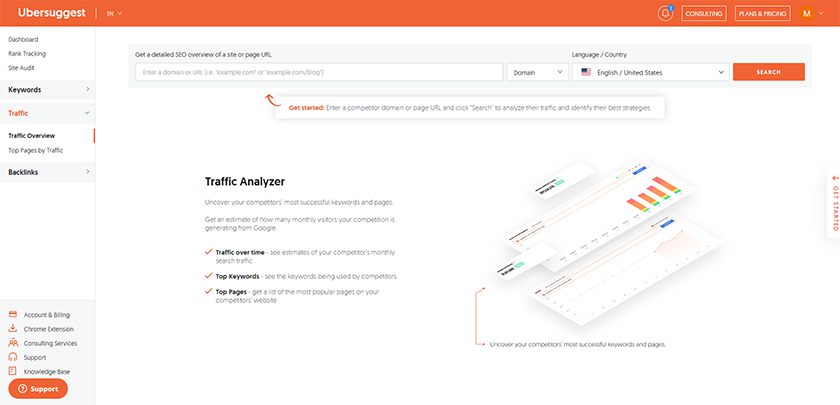 UberSuggest web page presenting its traffic analyzer feature.