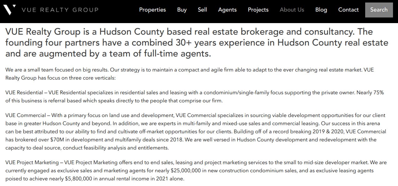 Screenshot of Vue Realty Group Value Proposition